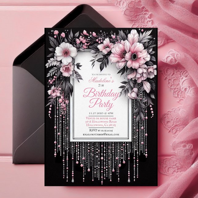 Elegante invitación de cumpleaños floral negro y r (Editable Sweet 16 Invitation, black and pink floral, sixteenth birthday party, elegant glam chic,)