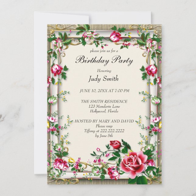 Elegante invitación de cumpleaños floral rosa bril (Anverso)