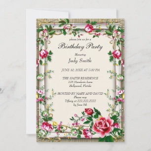Elegante invitación de cumpleaños floral rosa bril
