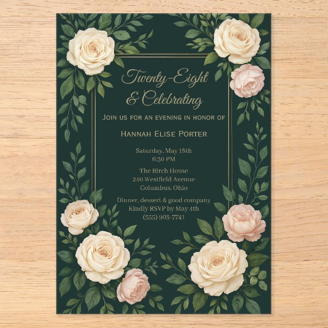 Elegante Invitación de Cumpleaños Floral Verde Osc (Anverso)