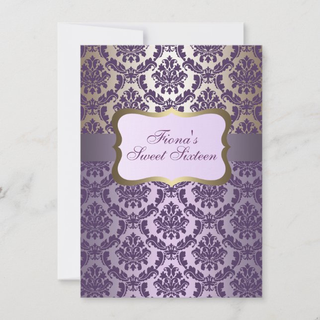 Elegante invitación de cumpleaños morado y dorado  (Anverso)