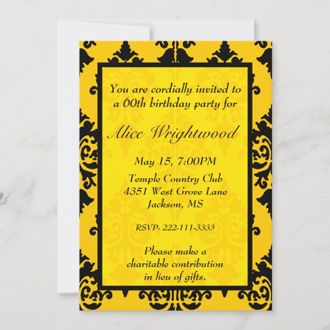 Elegante invitación de cumpleaños negro y amarillo (Anverso)