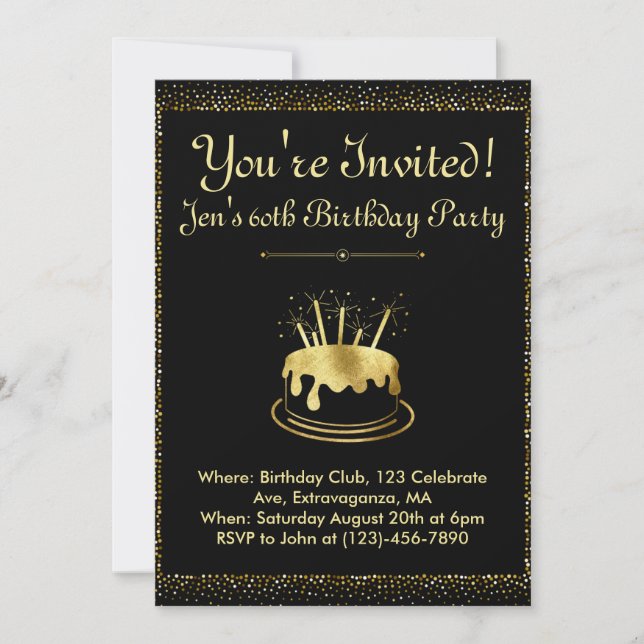 Elegante invitación de cumpleaños negro y oro (Anverso)