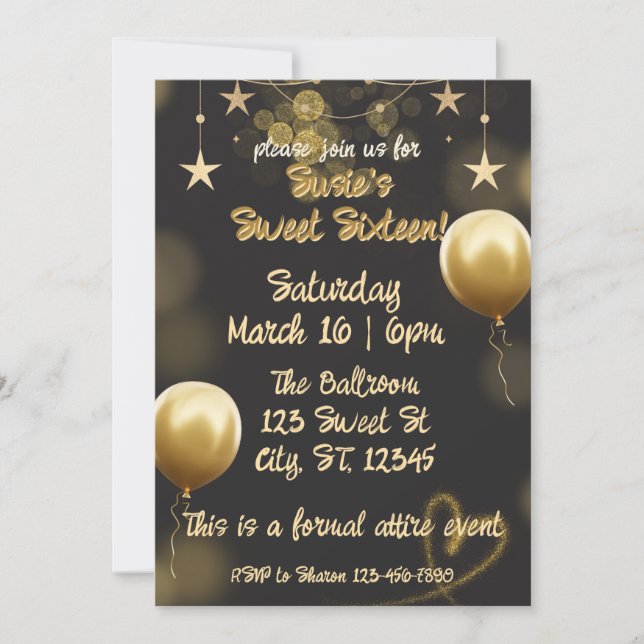 Elegante invitación de cumpleaños negro y oro (Anverso)