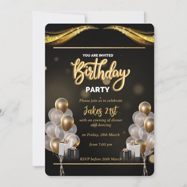 Elegante invitación de cumpleaños negro y oro (Anverso)