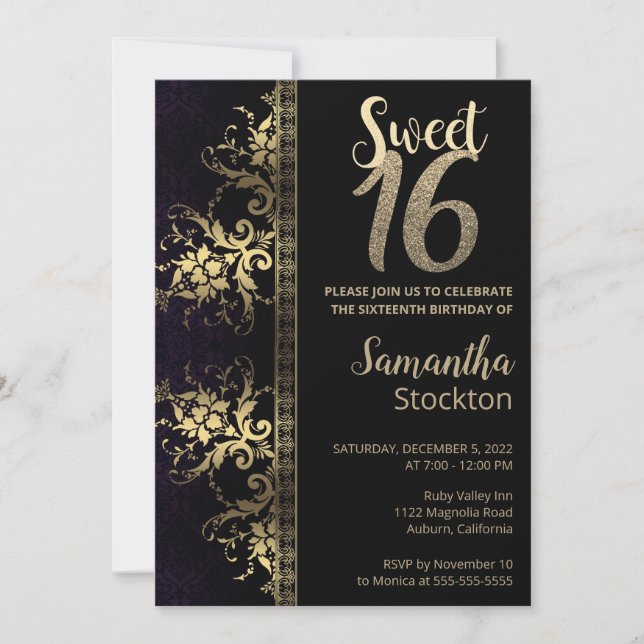 Elegante invitación de cumpleaños negro y oro (Anverso)
