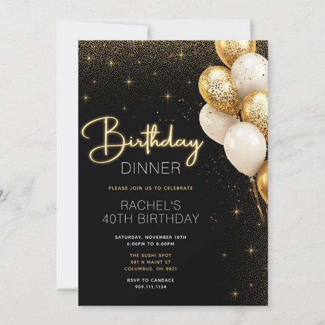 Elegante invitación de cumpleaños negro y oro (Anverso)