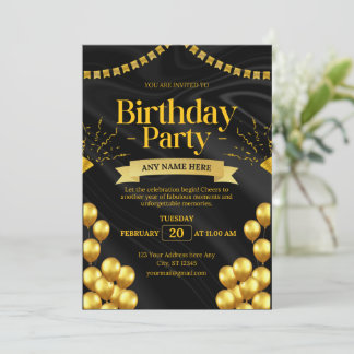 Elegante invitación de cumpleaños negro y oro | Im