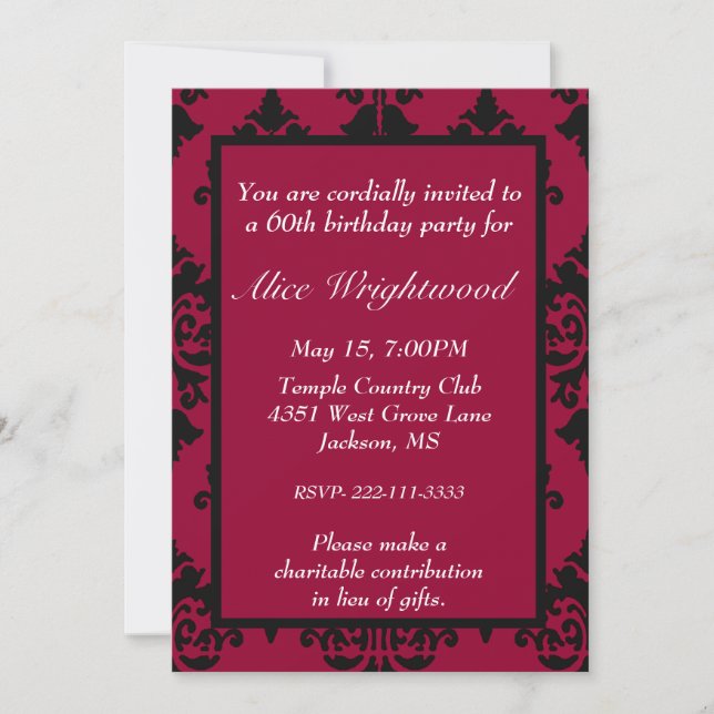 Elegante invitación de cumpleaños negro y rojo (Anverso)