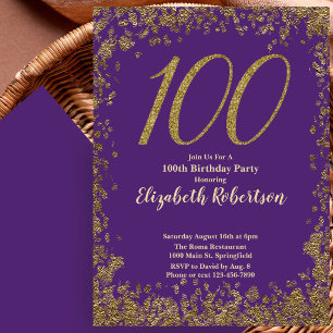 Elegante invitación de cumpleaños número 100 púrpu
