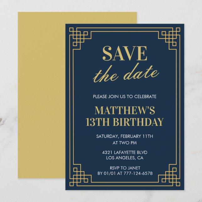 Elegante invitación de cumpleaños número 13 Niño S (Anverso / Reverso)