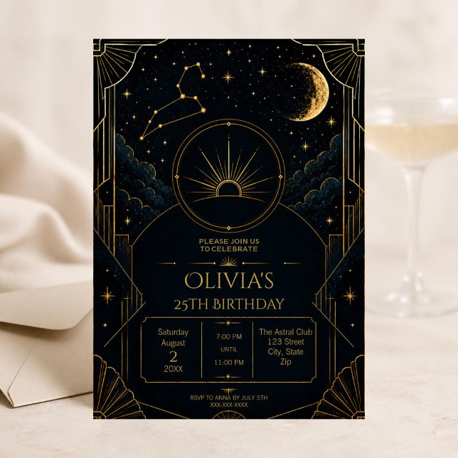 Elegante invitación de cumpleaños número 25 de Leo (Glamorous Leo 25th birthday invitation with black gold stars, zodiac art and Art Deco style.)