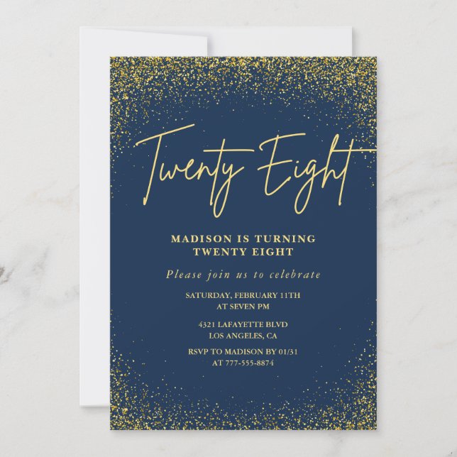 Elegante invitación de cumpleaños número 28 Navy B (Anverso)