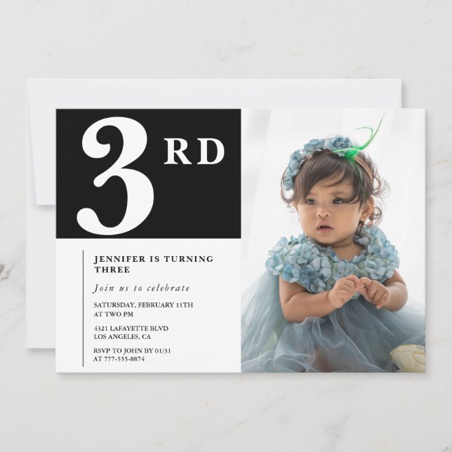 Elegante invitación de cumpleaños número 3 Foto Ch (Anverso)