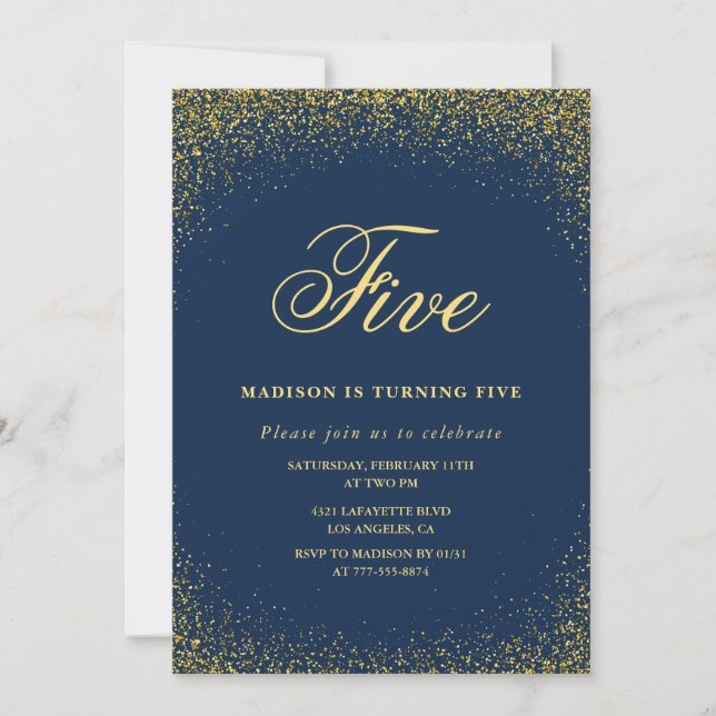 Elegante invitación de cumpleaños número 5 Gold Na (Anverso)