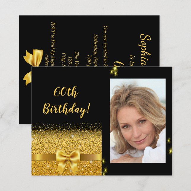 Elegante invitación de cumpleaños número 60 foto d (Anverso / Reverso)