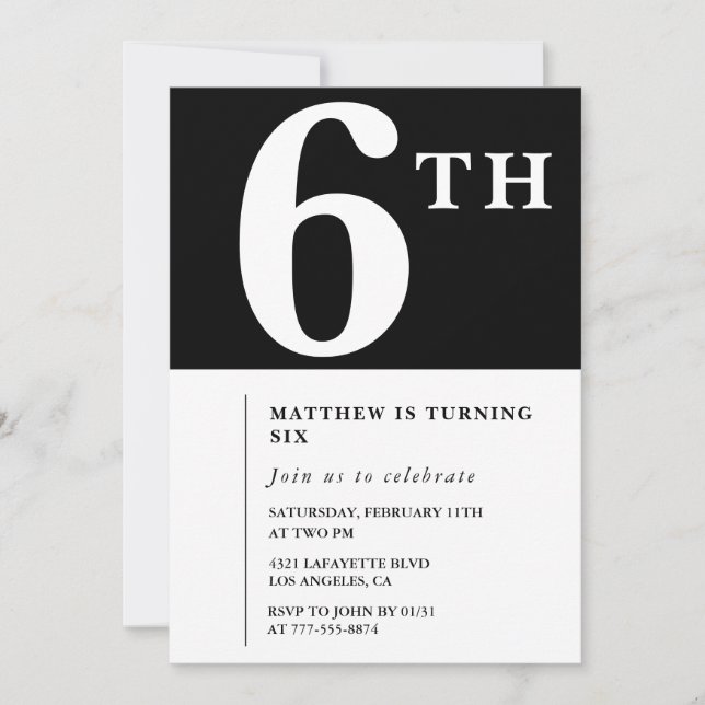 Elegante invitación de cumpleaños número 6 Chico N (Anverso)
