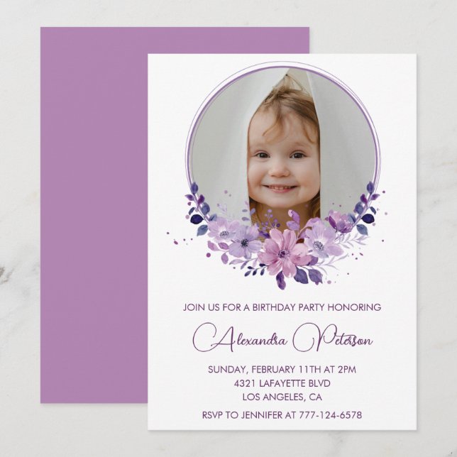 Elegante invitación de cumpleaños número 6 con fot (Anverso / Reverso)