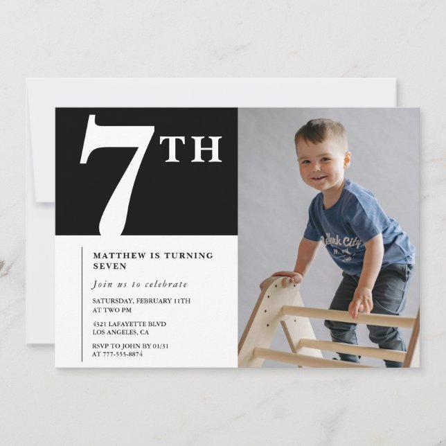 Elegante invitación de cumpleaños número 7 para ni (Anverso)