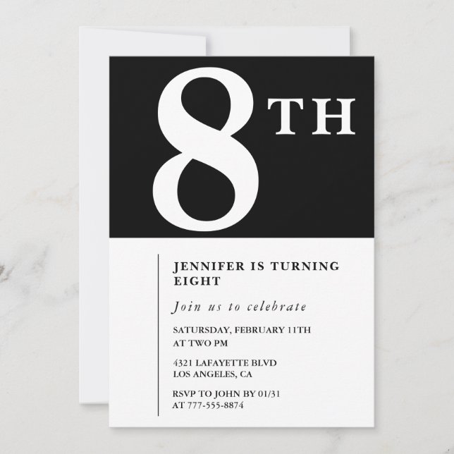 Elegante invitación de cumpleaños número 8 para ni (Anverso)