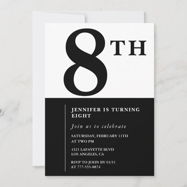 Elegante invitación de cumpleaños número 8 para ni (Anverso)