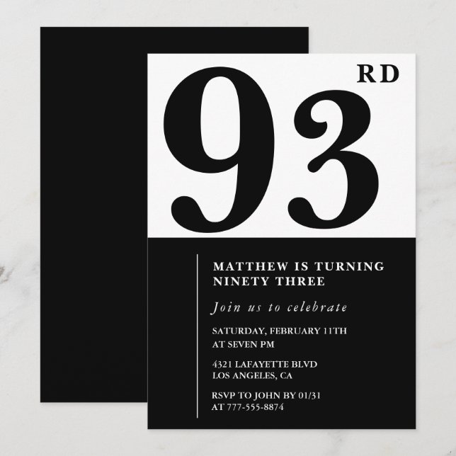 Elegante invitación de cumpleaños número 93 en neg (Anverso / Reverso)