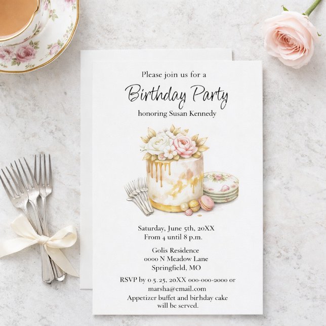 Elegante Invitación de Cumpleaños para Fiesta de T (Elegant watercolor birthday invitation with gold drip cake, floral china, perfect for parties.)