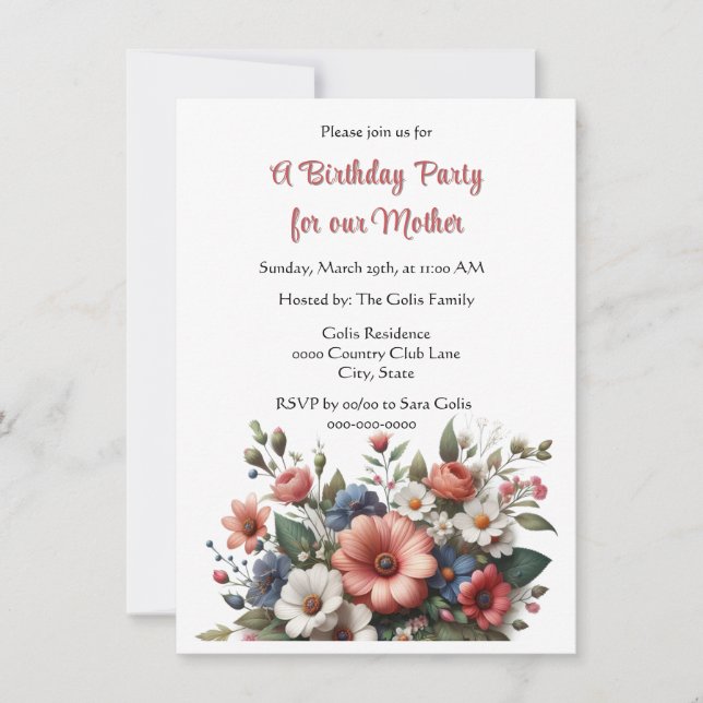 Elegante Invitación de Cumpleaños para Madre Feliz (Anverso)