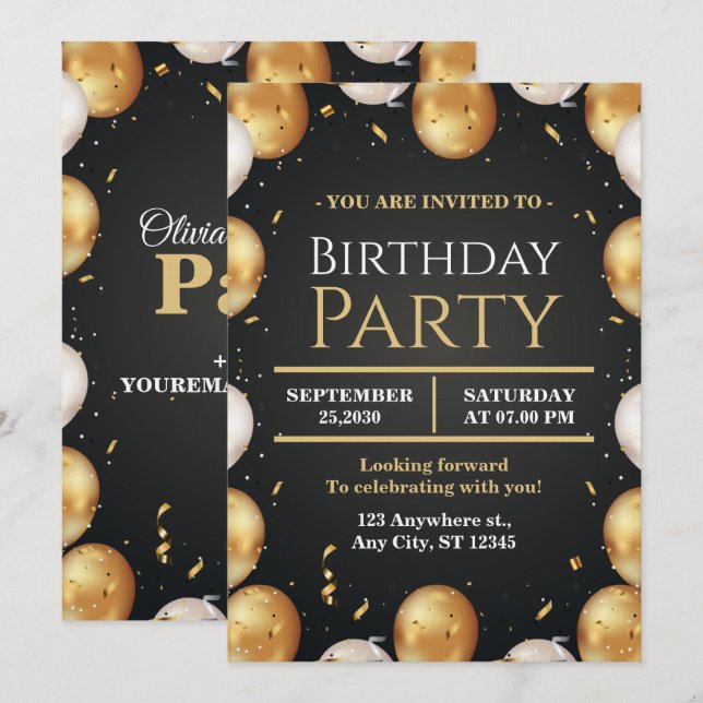 Elegante invitación de cumpleaños personalizable T (Anverso / Reverso)
