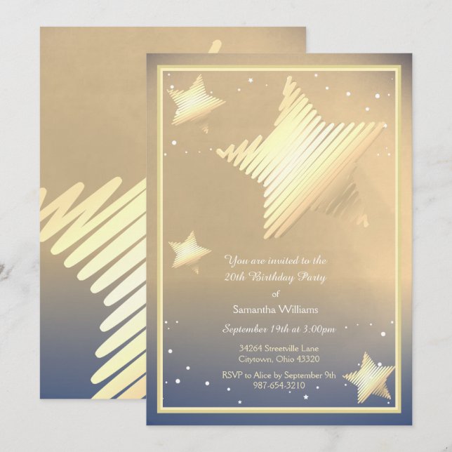 Elegante Invitación de cumpleaños por estrella (Anverso / Reverso)