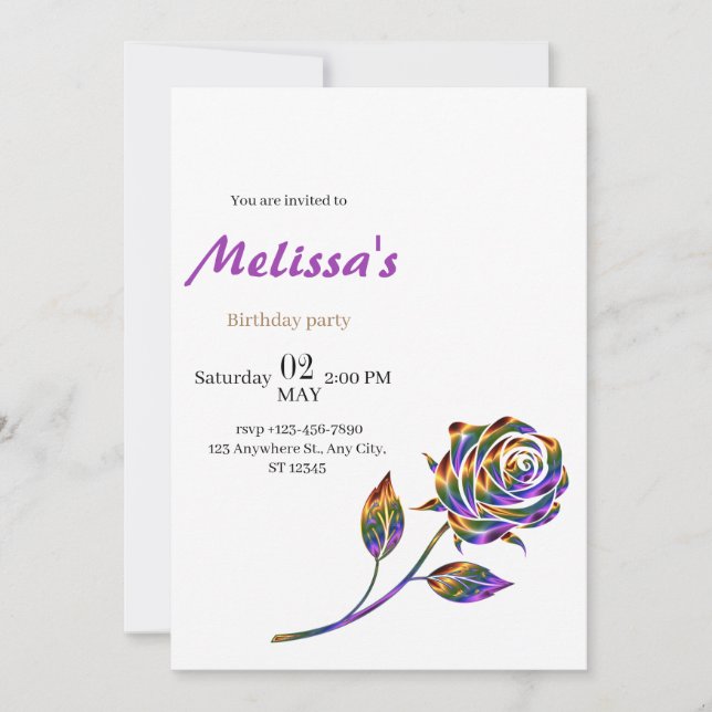 Elegante invitación de cumpleaños Rosa (Anverso)