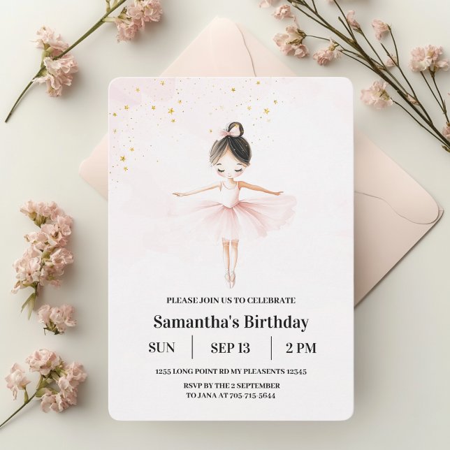 Elegante Invitación de cumpleaños rosa Ballerina (Subido por el creador)