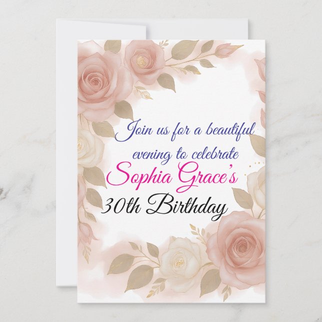 Elegante invitación de cumpleaños Rosa de Rubor ro (Anverso)