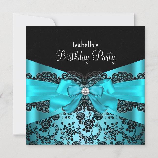 Elegante invitación de cumpleaños Verde azulada de (Anverso)