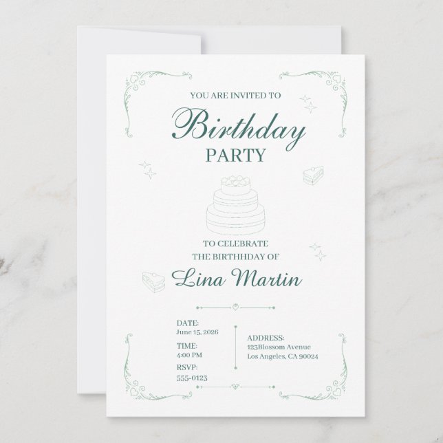 Elegante Invitación de Cumpleaños Verde Salvia (Anverso)