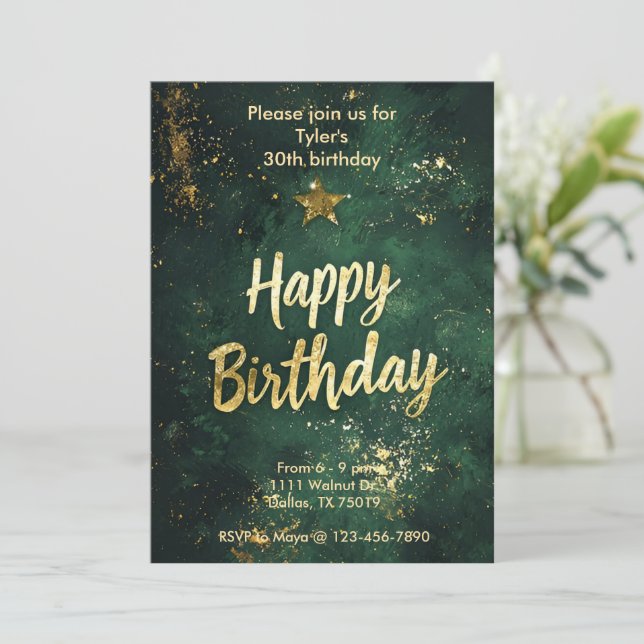 Elegante Invitación de cumpleaños verde y falso de (Anverso de pie)