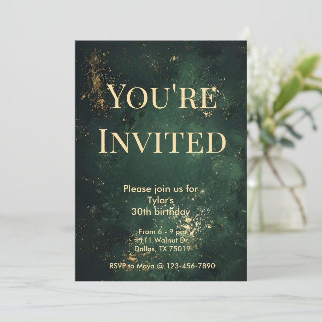 Elegante Invitación de cumpleaños verde y falso de (Anverso de pie)