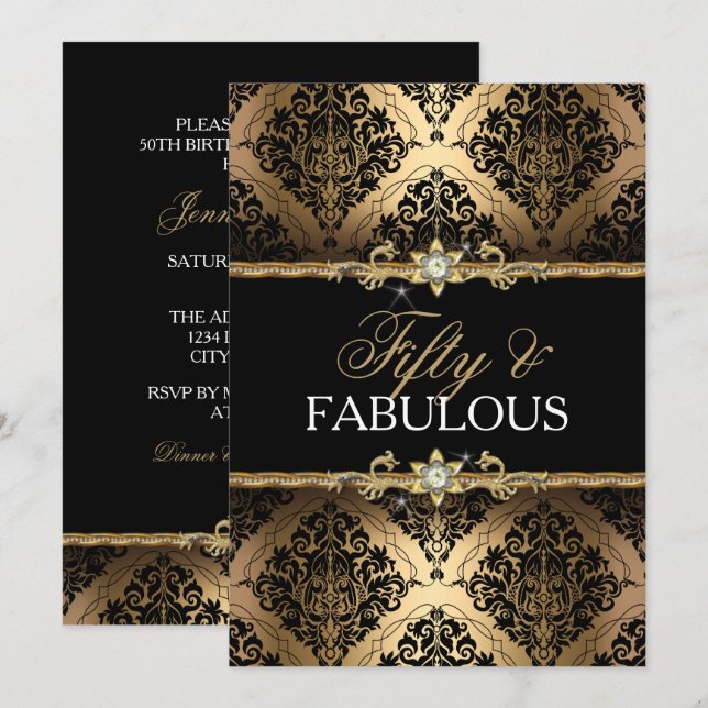 Elegante Invitación de Damasco de Oro Cincuenta y  (Anverso / Reverso)