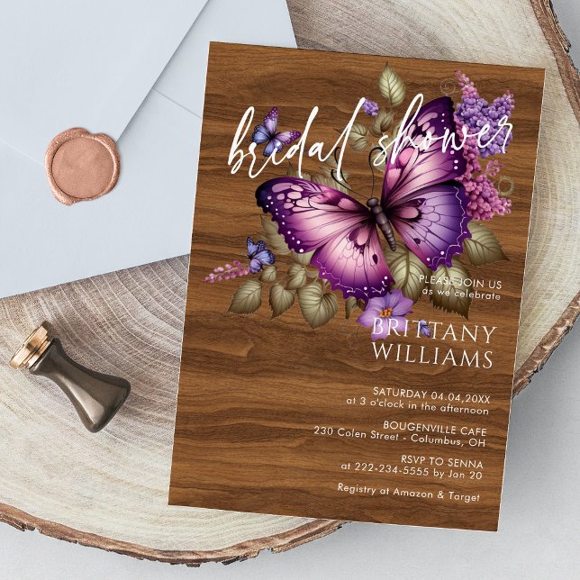 Elegante Invitación de Despedida de Soltera con Ma (Elegant Purple Butterfly Bridal Shower Invitation
)