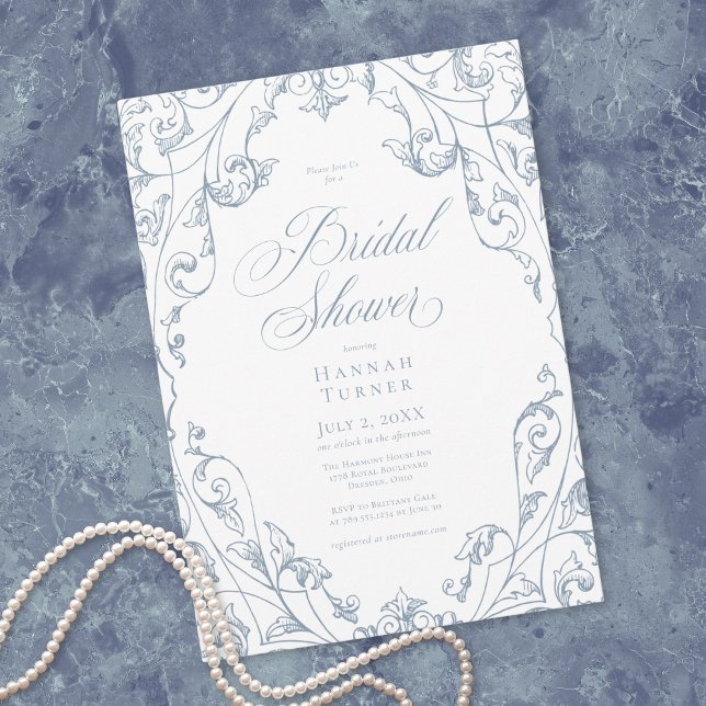 Elegante Invitación de Despedida de Soltera con Ma (Elegant Dusty Blue Floral Frame Bridal Shower Invitation)