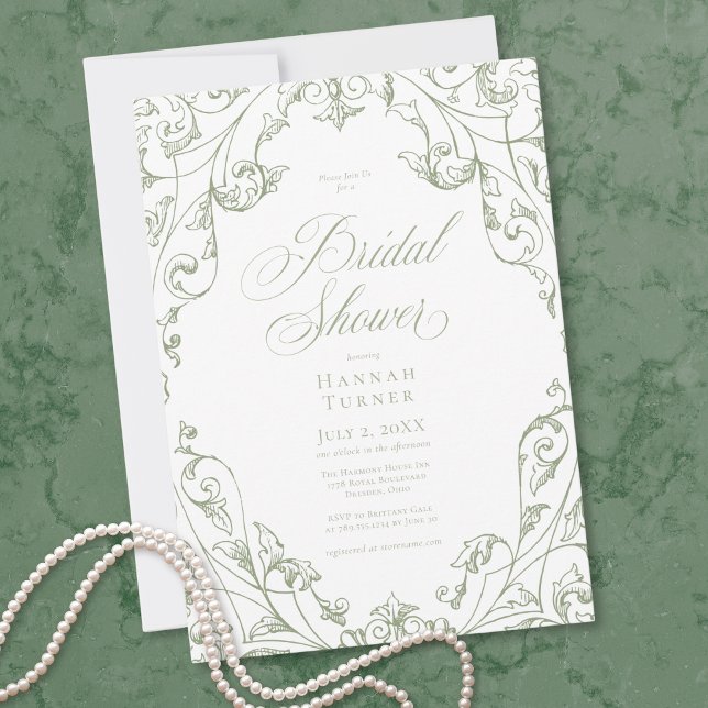 Elegante Invitación de Despedida de Soltera con Ma (Elegant Sage Green Floral Frame Bridal Shower Invitation)
