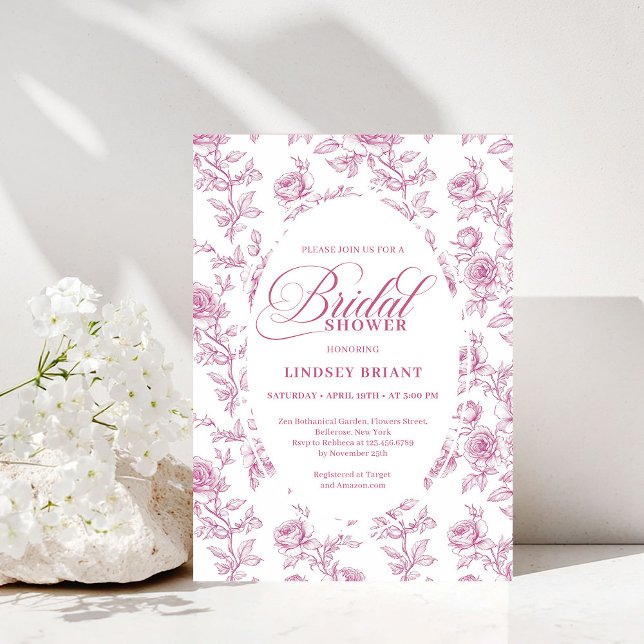 Elegante Invitación de Despedida de Soltera con Ro (Elegant Dusty Pink Toile Roses Bridal Shower Invitation)