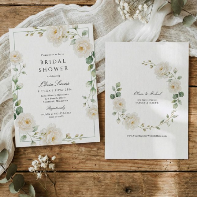 Elegante Invitación de Despedida de Soltera con Ro (Elegant watercolor peony and rose bridal shower invitation with cream florals and sage greenery)