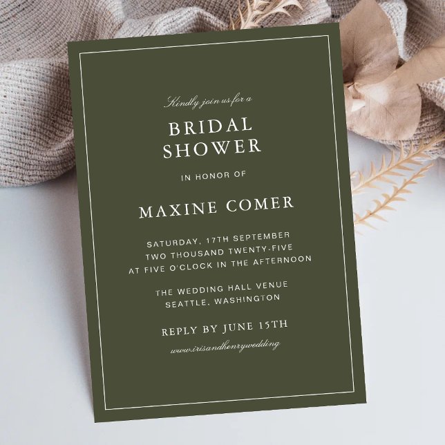 Elegante Invitación de Despedida de Soltera en Ver (Elegant dusty green bridal shower invitation sets a warm tone for her special day.)