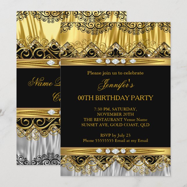 Elegante Invitación de Diamantes Negros con Falso  (Anverso / Reverso)