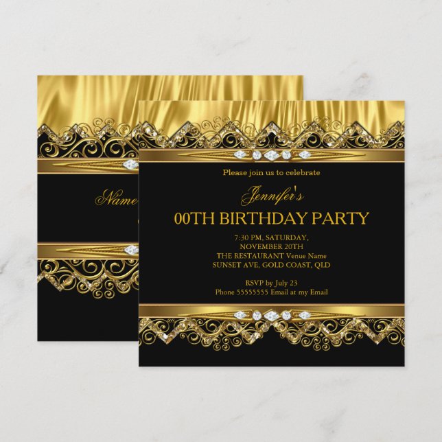 Elegante invitación de diamantes negros de seda do (Anverso / Reverso)