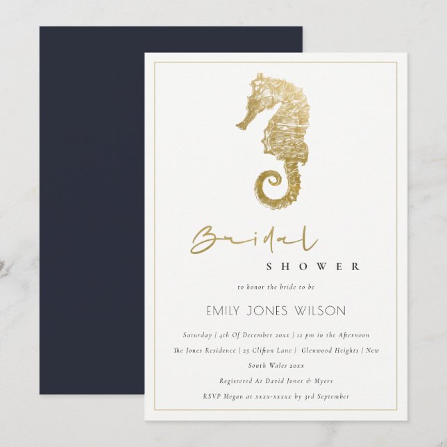 ELEGANTE INVITACIÓN DE DUCHA BRIDAL NAVY SEAHORSE (Anverso / Reverso)