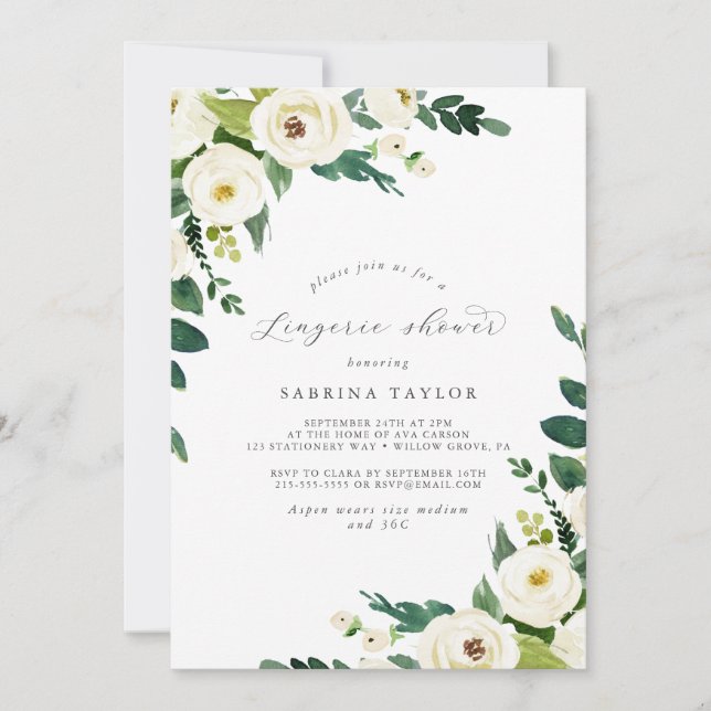 Elegante Invitación de ducha de flores blancas (Anverso)