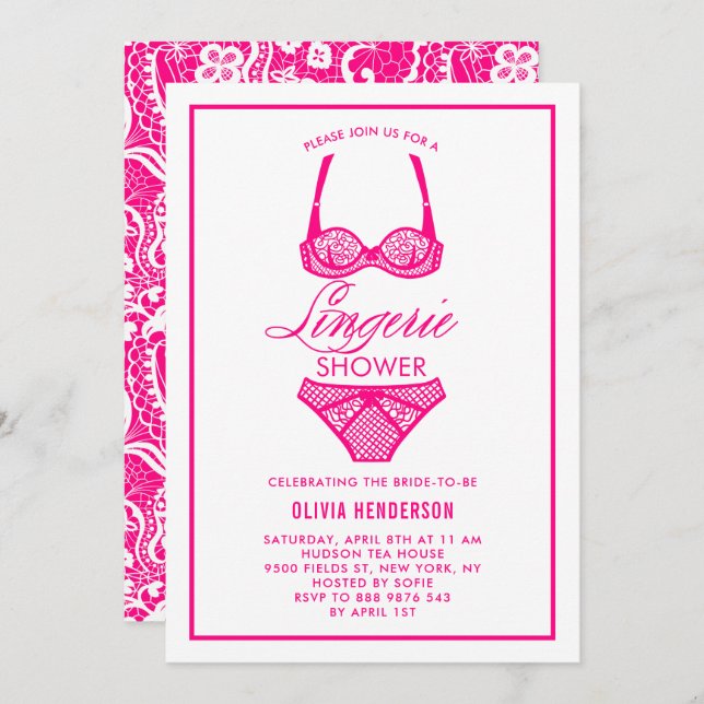 Elegante Invitación de ducha de Lace Rosa Caliente (Anverso / Reverso)