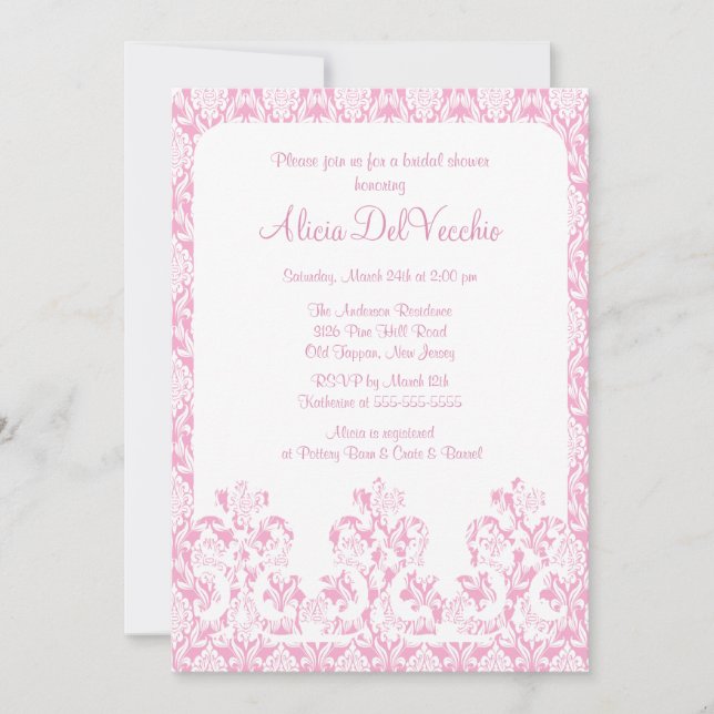 Elegante invitación de ducha de novia adamascada r (Anverso)